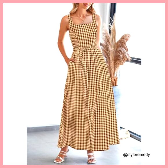 Summer Maxi Dress Spaghetti Strap Square Neck A-Line Pockets Casual Beach - Picture 4 of 7